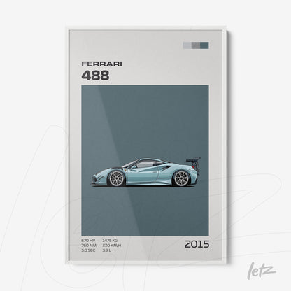 framed digital art of a sports car Ferrari 488 with gray background