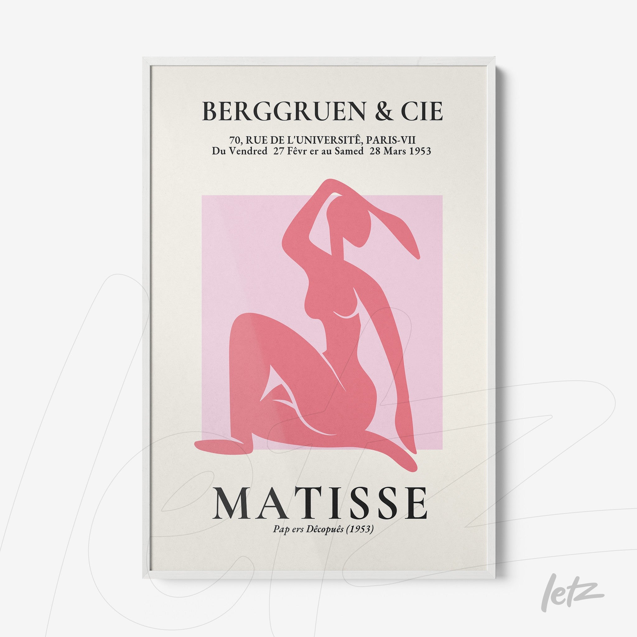 framed modern art depicting a female figure in shades of pink with stylized text above and below, set in a white frame