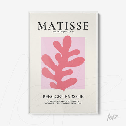 framed modern art inspired by Matisse featuring organic pink shapes on light background with white frame