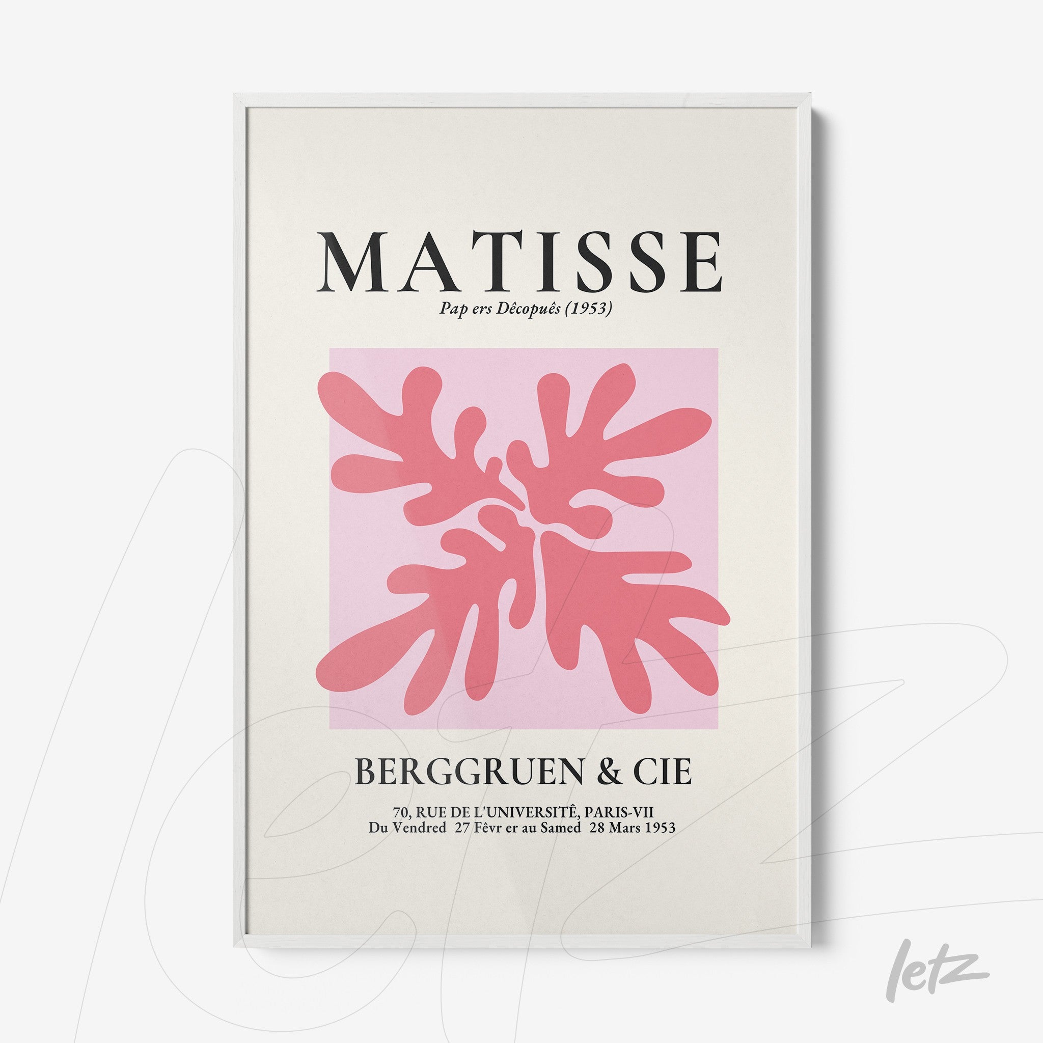 decorative wall art featuring stylized shapes in shades of pink with the name 'MATISSE' in large letters at the top against a light background