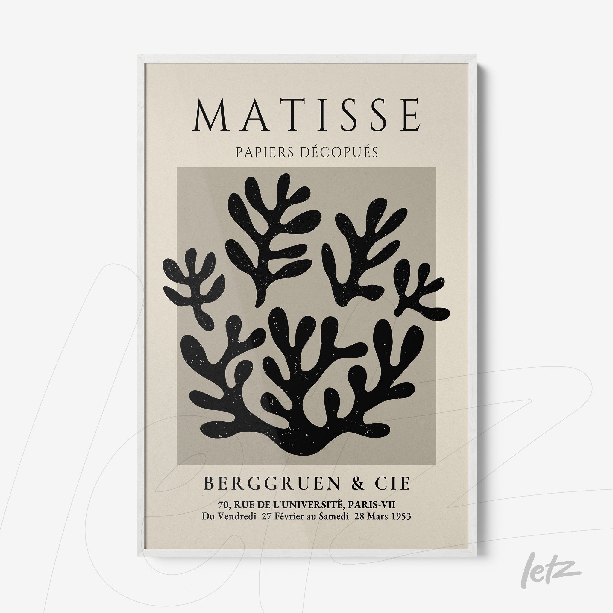 framed artwork featuring abstract dark shapes of natural elements with white frame and classic font title 'Matisse'