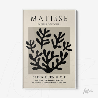 framed artwork featuring abstract dark shapes of natural elements with white frame and classic font title 'Matisse'
