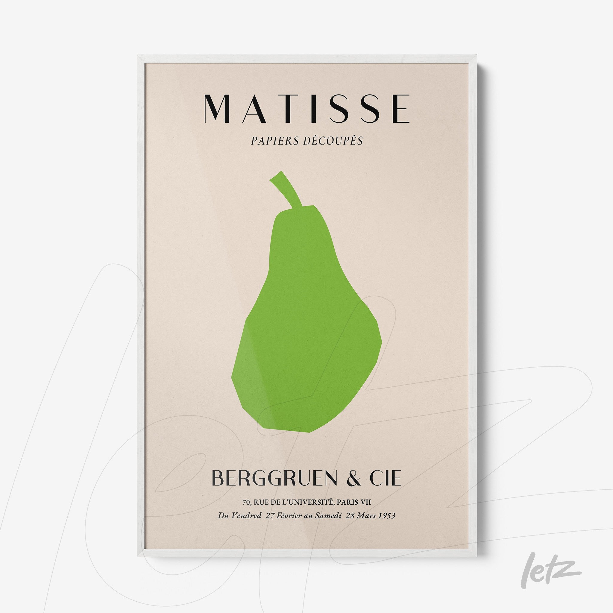 framed wall art featuring a modern green pear on a beige background with a white frame