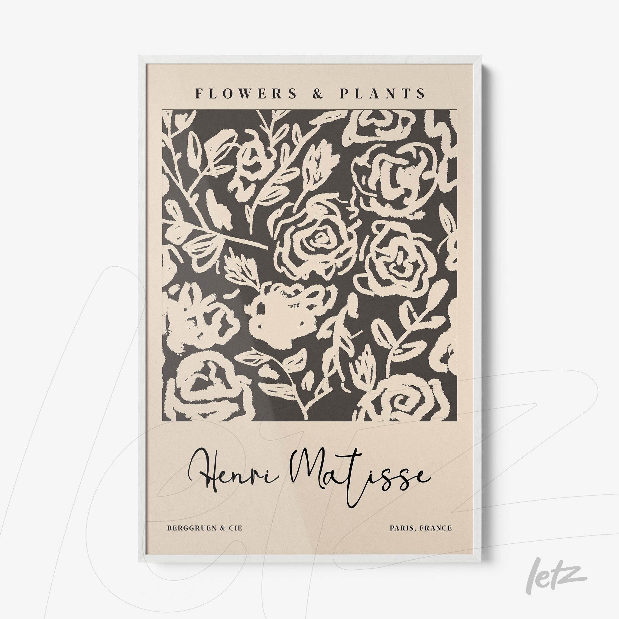 framed wall art featuring modern floral design with light background and white frame