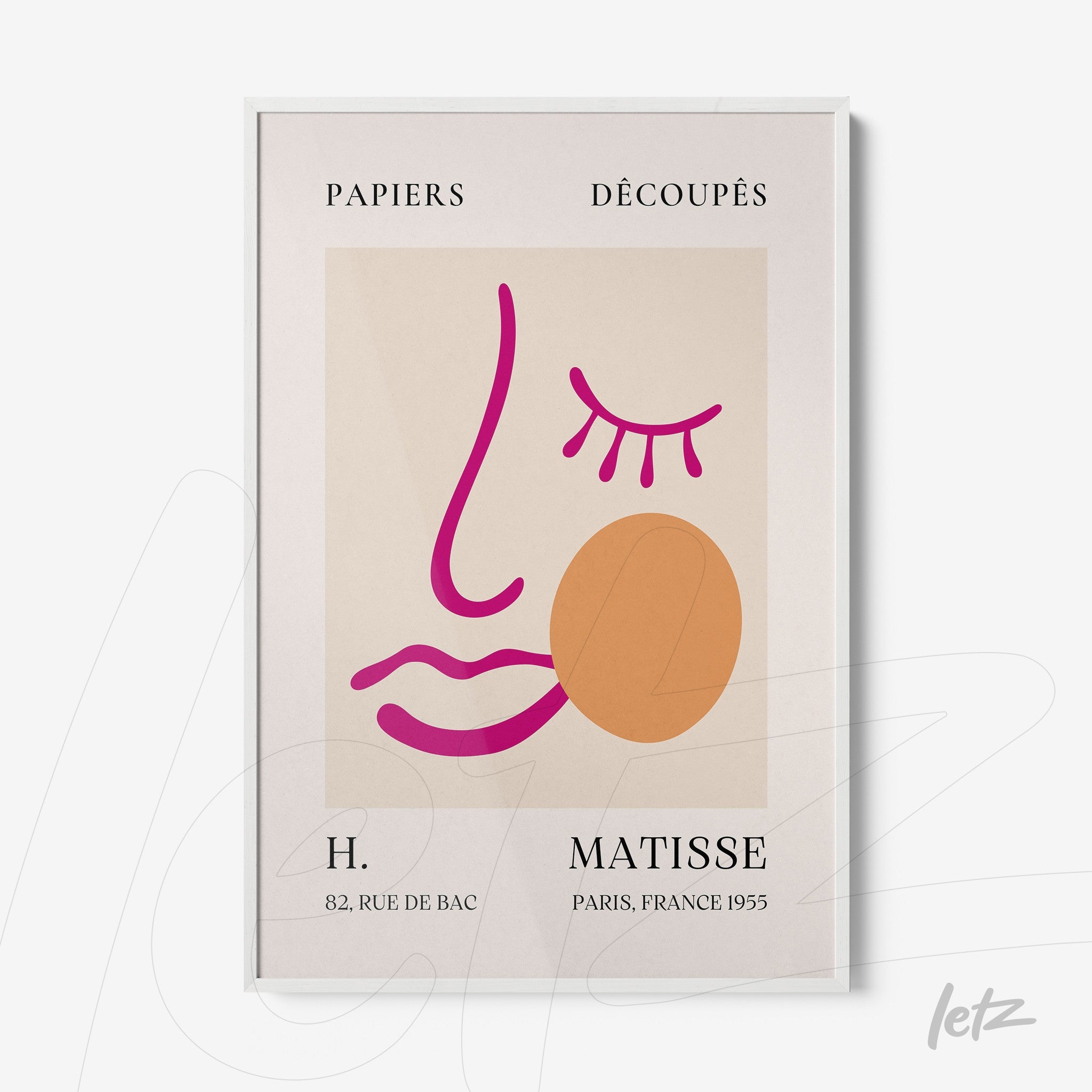 framed modern graphic art featuring a stylized face in vibrant colors with a white frame and light background