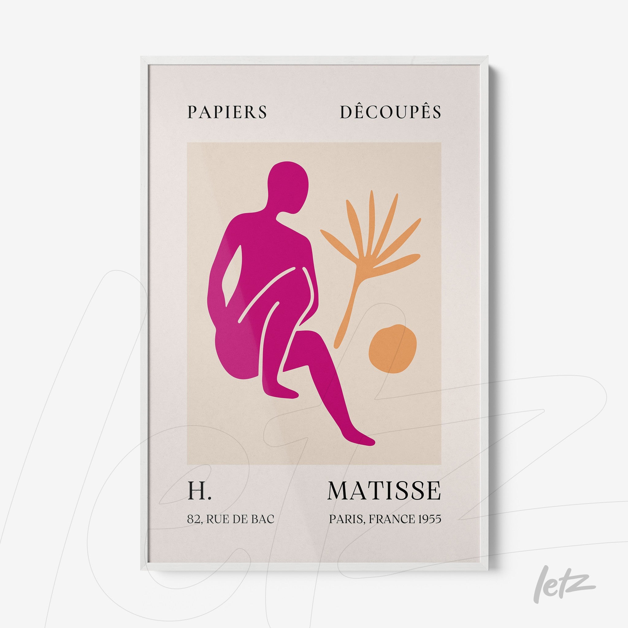 framed modern art piece featuring a vibrant colored sitting figure next to a plant in a white frame