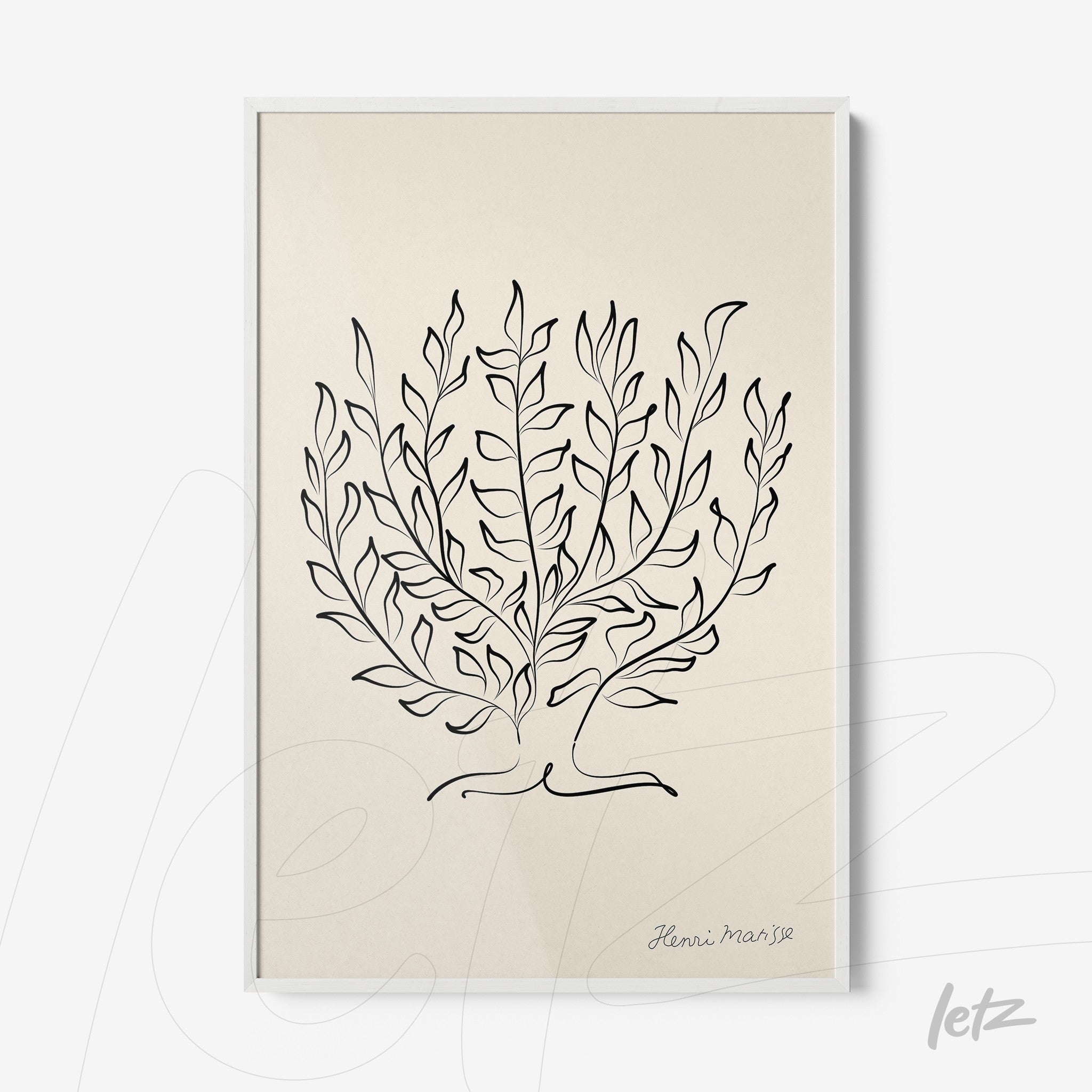 minimalist wall art featuring black line drawing of leaves on light background in white frame