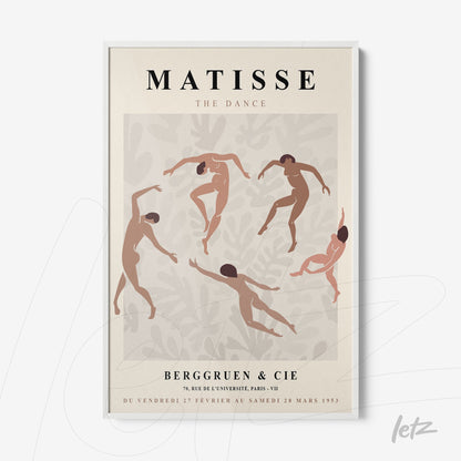 art print featuring abstract dancers in earthy tones with light background and elegant white frame