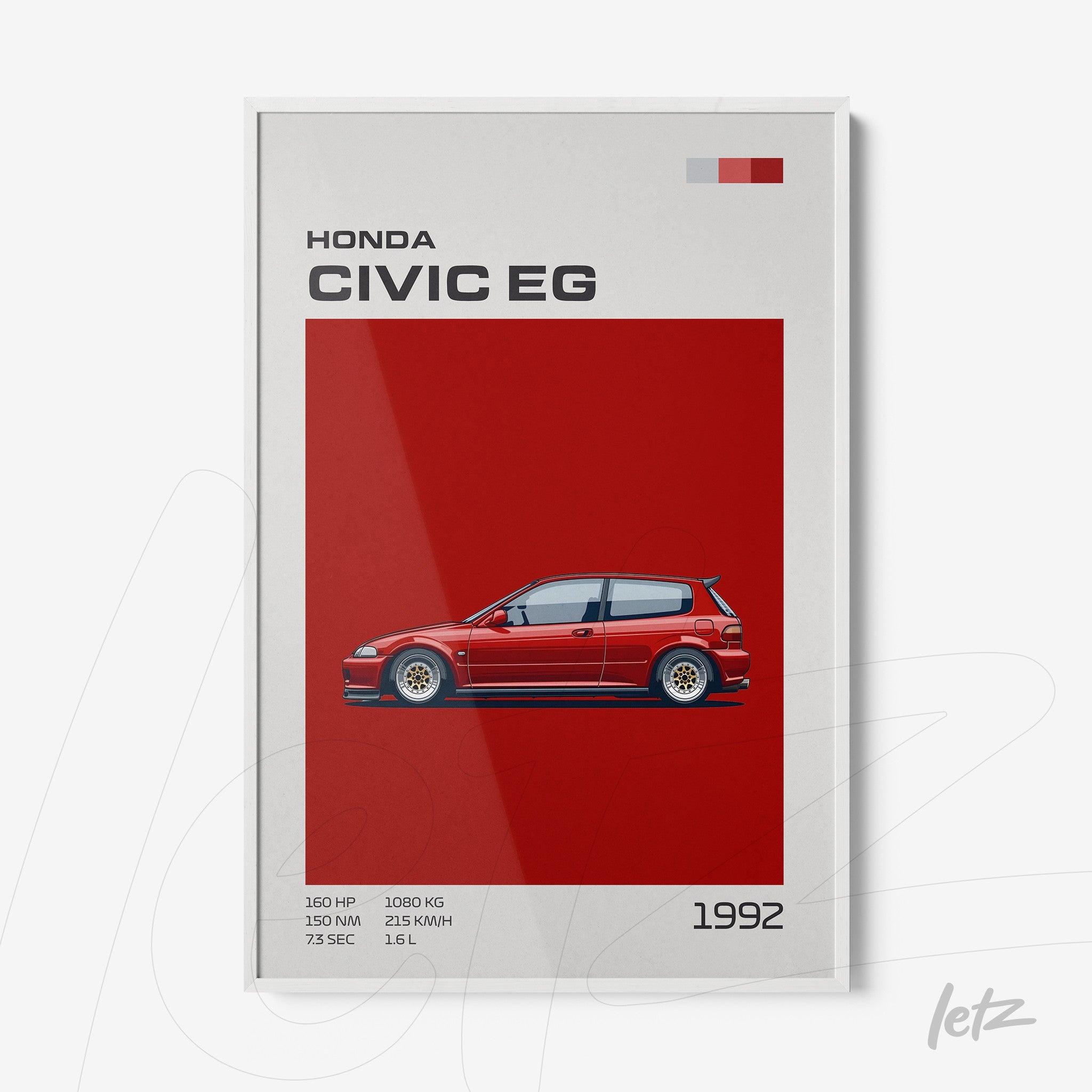 framed illustration of the vintage honda civic eg on vibrant red background