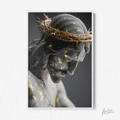 framed artwork of a detailed sculpture of Christ featuring golden cracks on a soft gray background