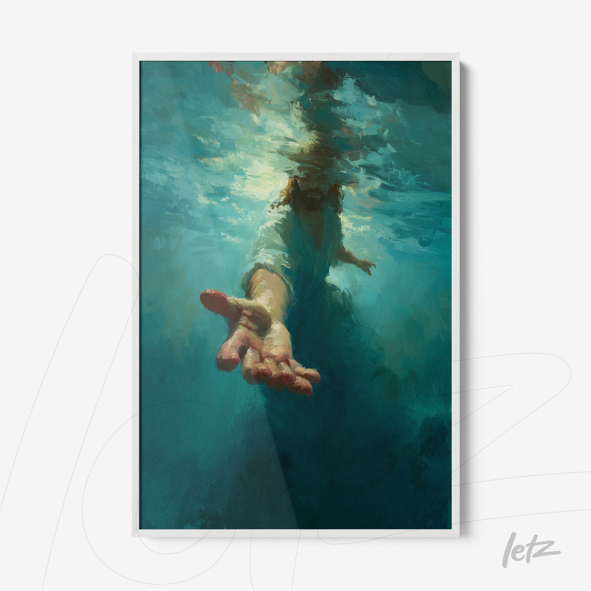 framed artwork depicting an impressionistic hand emerging from deep blue water with a white frame
