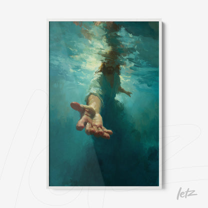 framed artwork depicting an impressionistic hand emerging from deep blue water with a white frame