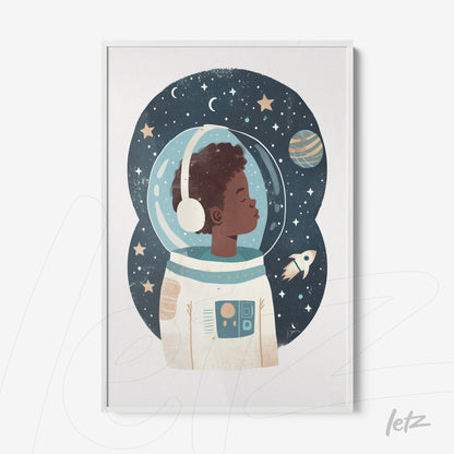 framed illustration of a child astronaut against a space background with planets and stars