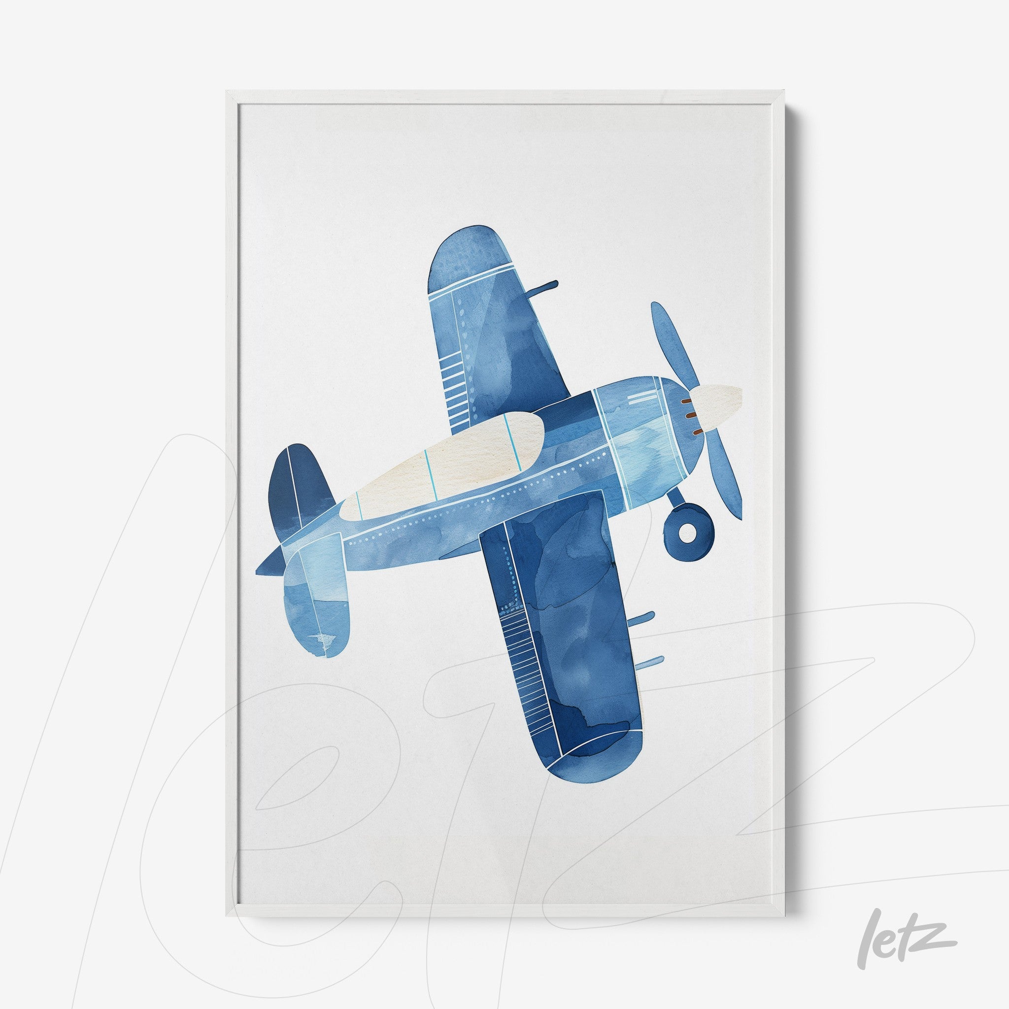 framed watercolor illustration of a blue airplane on white background with white frame