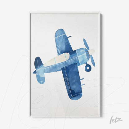 framed watercolor illustration of a blue airplane on white background with white frame