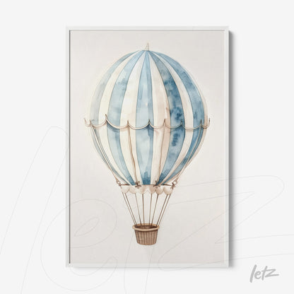 framed watercolor illustration of a blue and white hot air balloon
