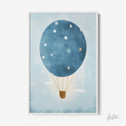 framed artwork of a blue hot air balloon with stars and clouds