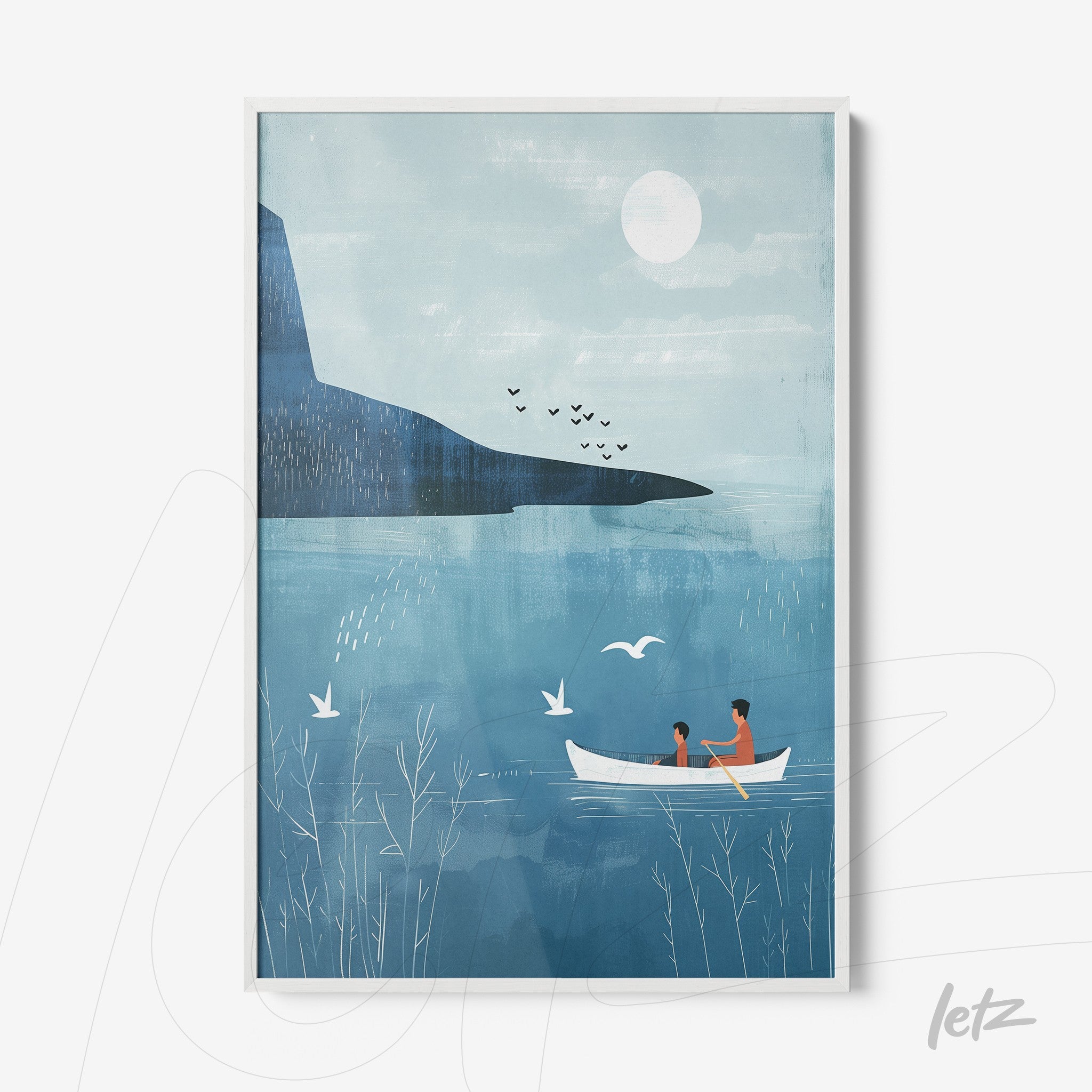 framed wall art featuring a minimalist illustration of two characters in a boat with a blue landscape and mountain in the background