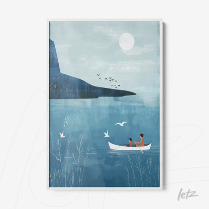 framed wall art featuring a minimalist illustration of two characters in a boat with a blue landscape and mountain in the background