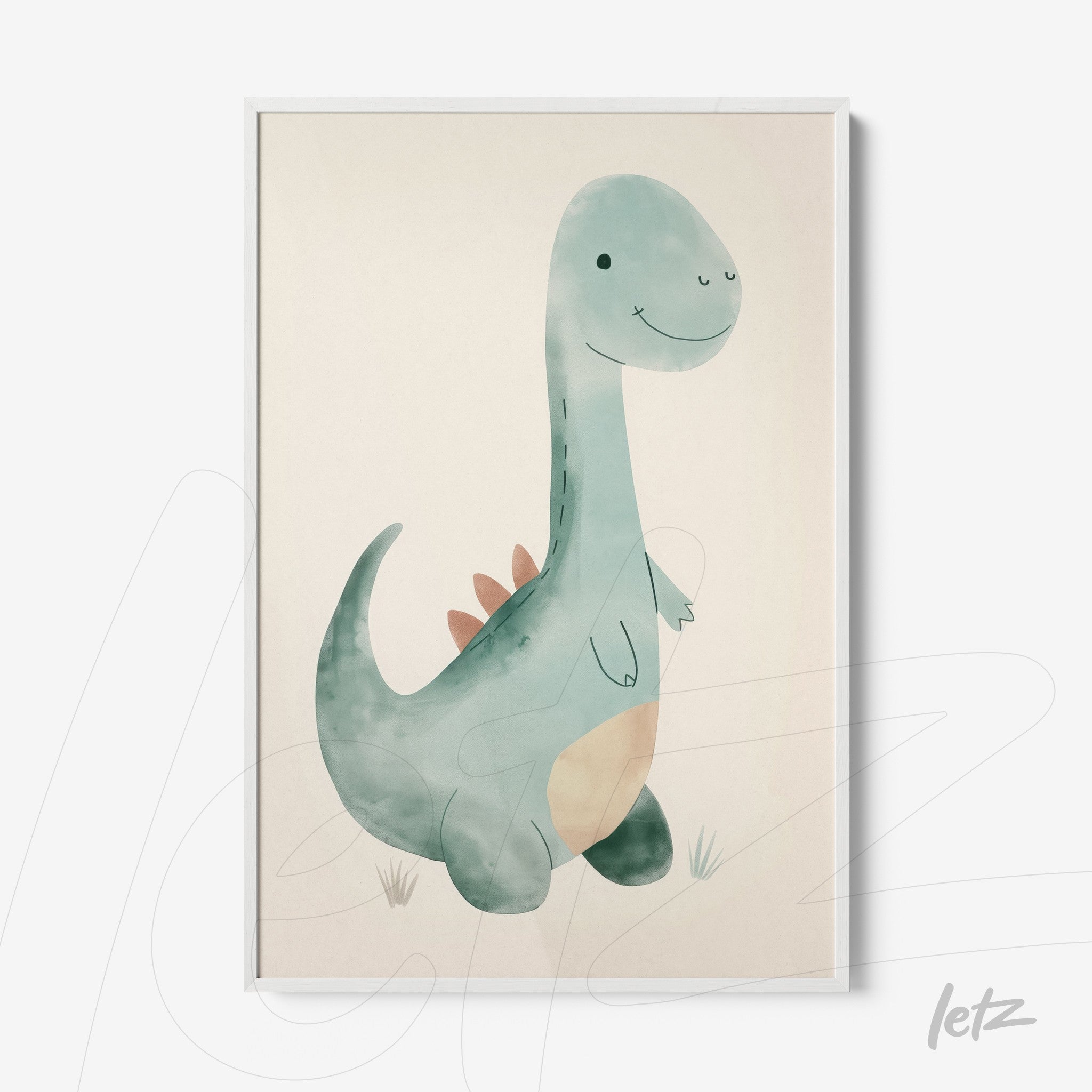 framed artwork of a cute dinosaur standing on a light background with white frame