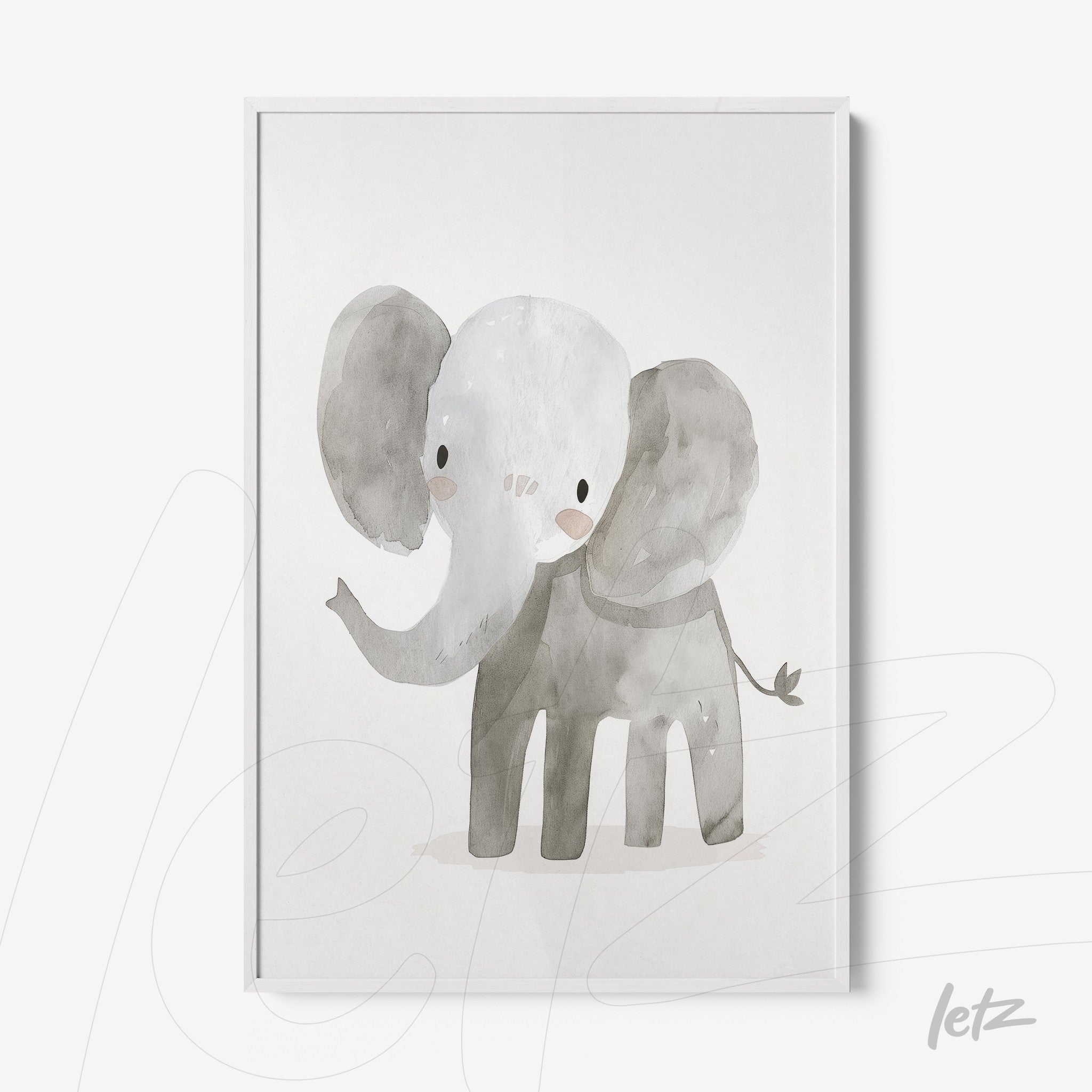 framed watercolor illustration of a cute elephant with a light background