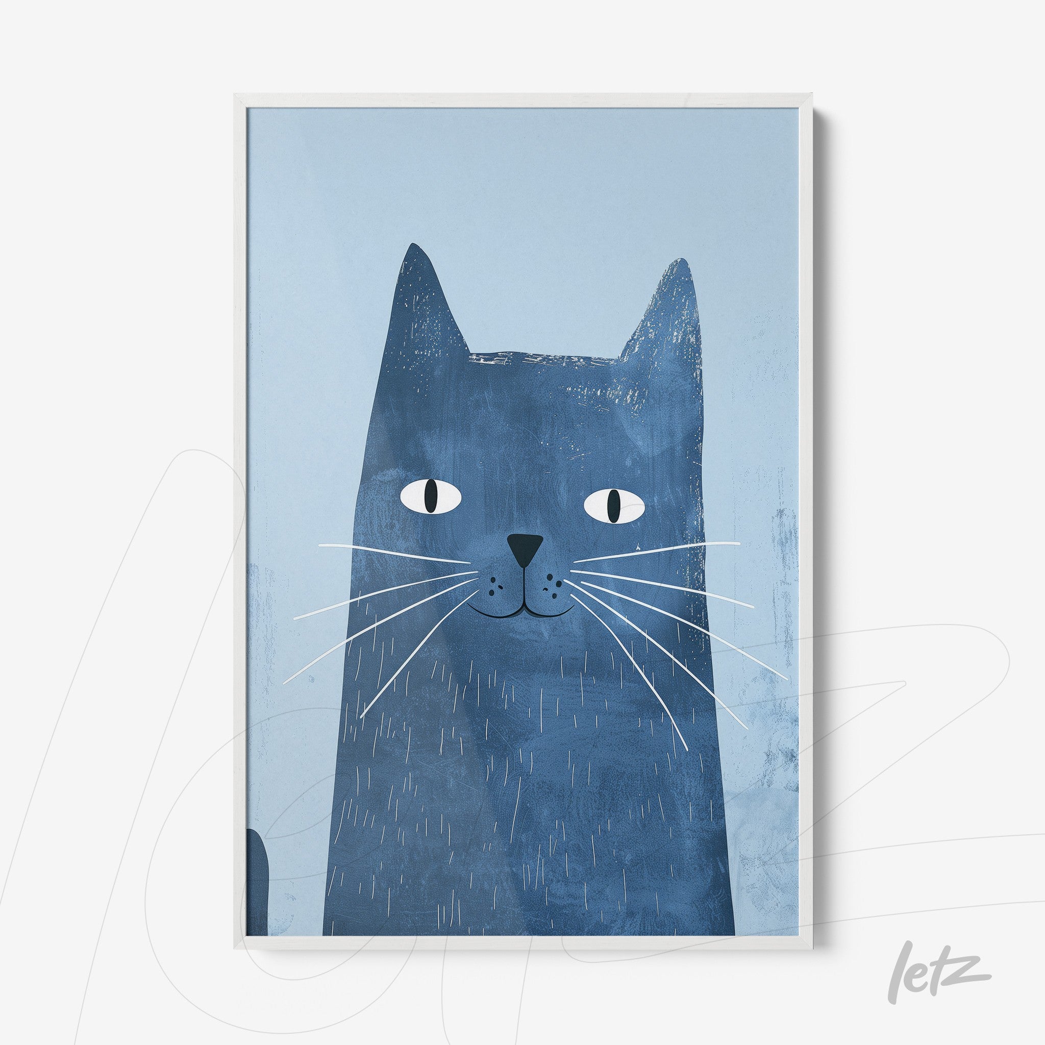 framed wall art featuring a blue cat illustration against a light background