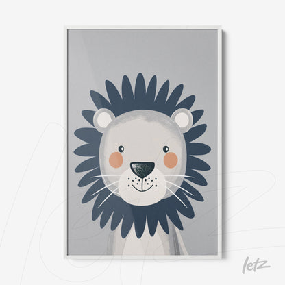 framed illustration of a lion with soft colors on gray background and white frame