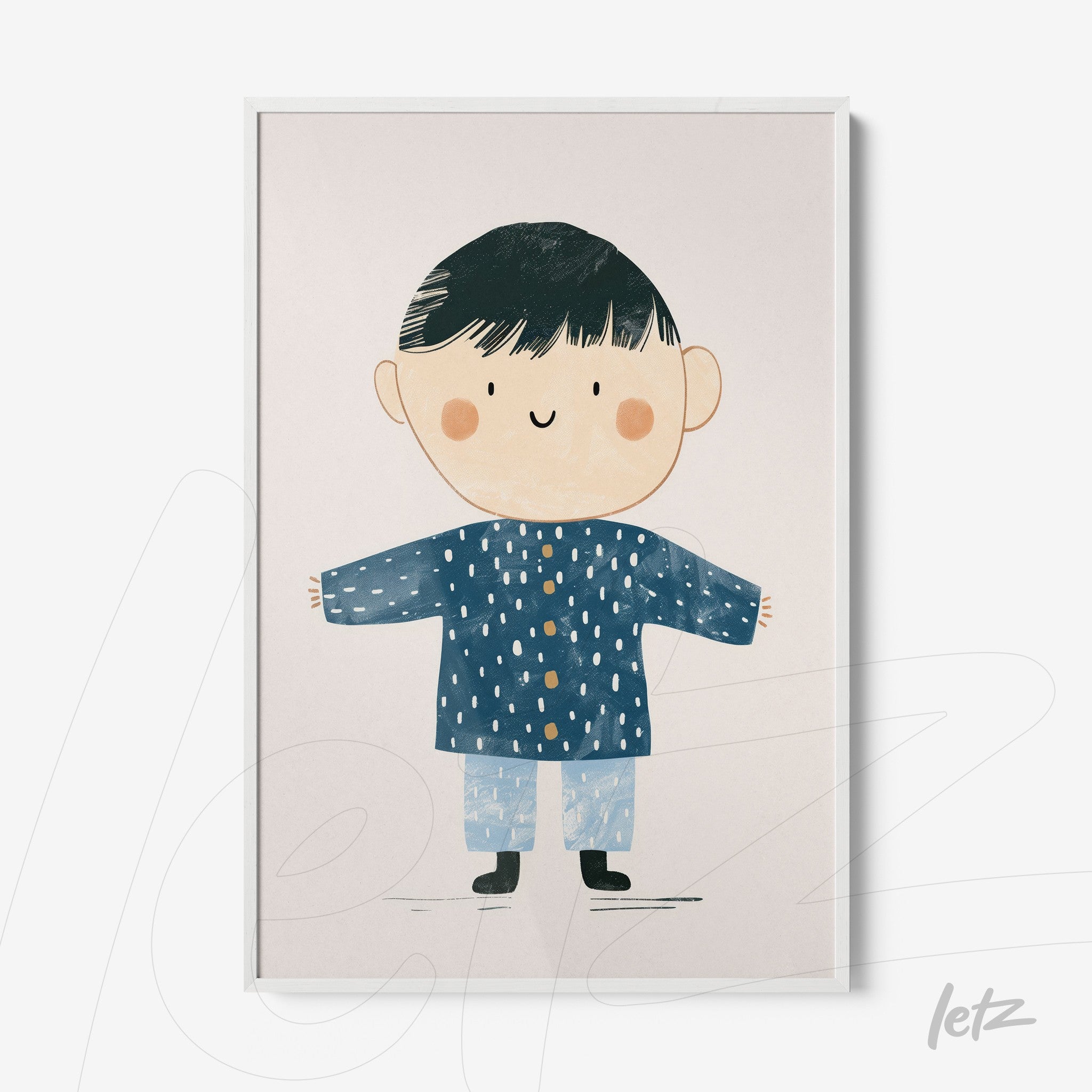 framed wall art featuring a cute illustration of a boy in a blue coat and light pants against a neutral background