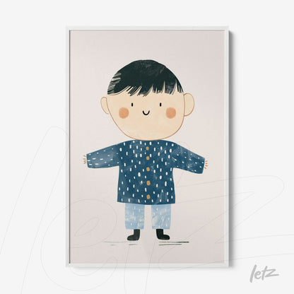 framed wall art featuring a cute illustration of a boy in a blue coat and light pants against a neutral background