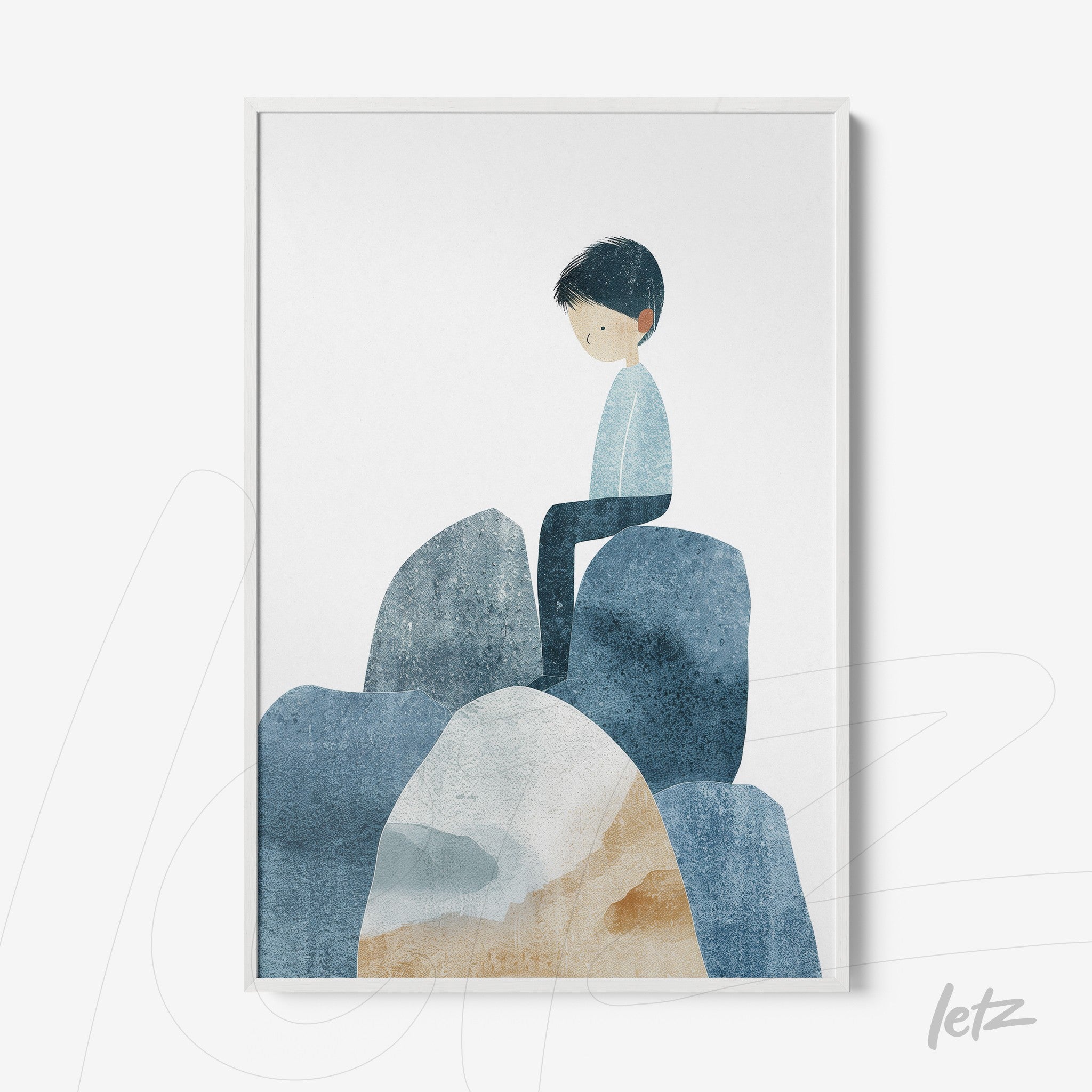 framed artwork featuring a minimalist illustration of a boy sitting on stones in shades of blue and earth tones