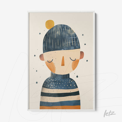framed artwork of a male figure wearing a blue hat and orange stripes