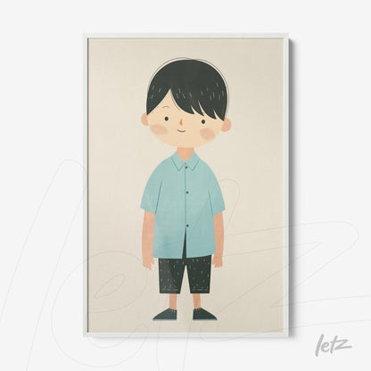 framed artwork of a smiling boy wearing a light blue shirt, dark pants, and black shoes with a white frame