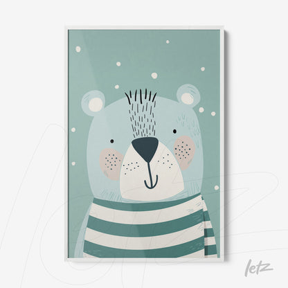 framed art featuring a cheerful bear illustration with green stripes on a light blue background