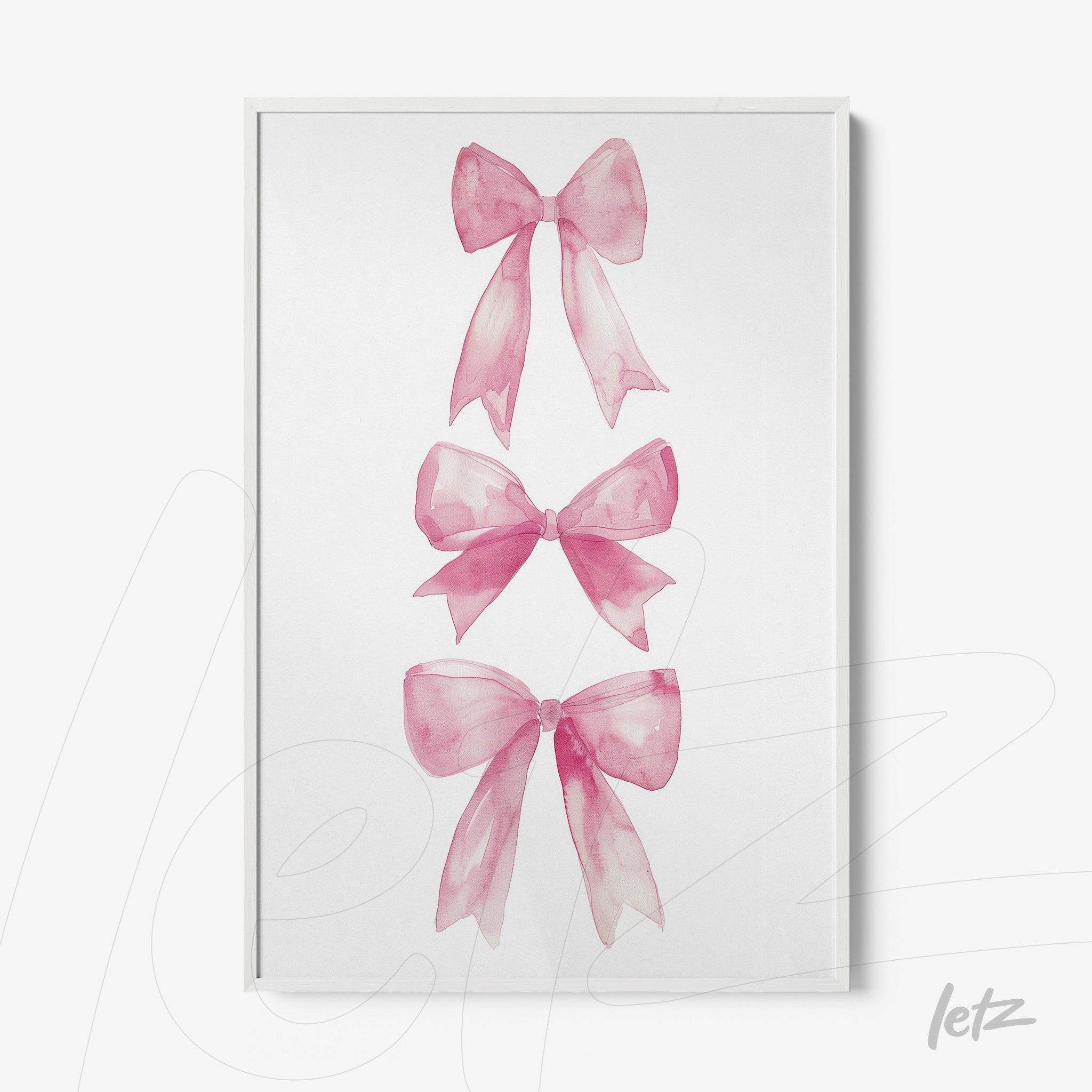 framed wall art featuring watercolor illustrations of pink bows on a white background with white frame