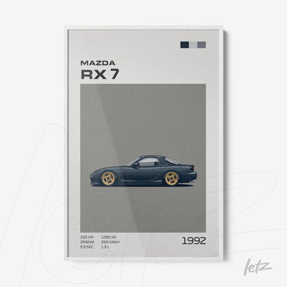 framed digital art of the 1992 Mazda RX 7 in white frame