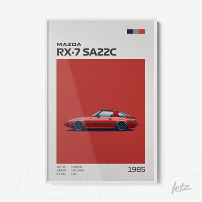 framed artwork featuring a retro illustration of the Mazda RX-7 SA22C against a vibrant red background with a white frame