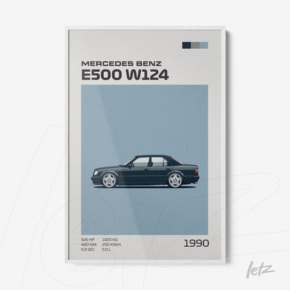 framed wall art featuring a minimalist illustration of a Mercedes Benz E500 W124 in a white frame