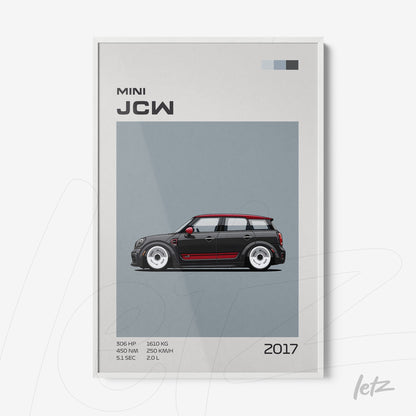 framed illustration of a 2017 Mini JCW car on gray background with white frame
