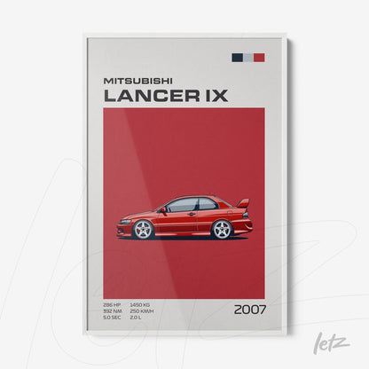 framed art illustration of Mitsubishi Lancer IX on red background with white frame