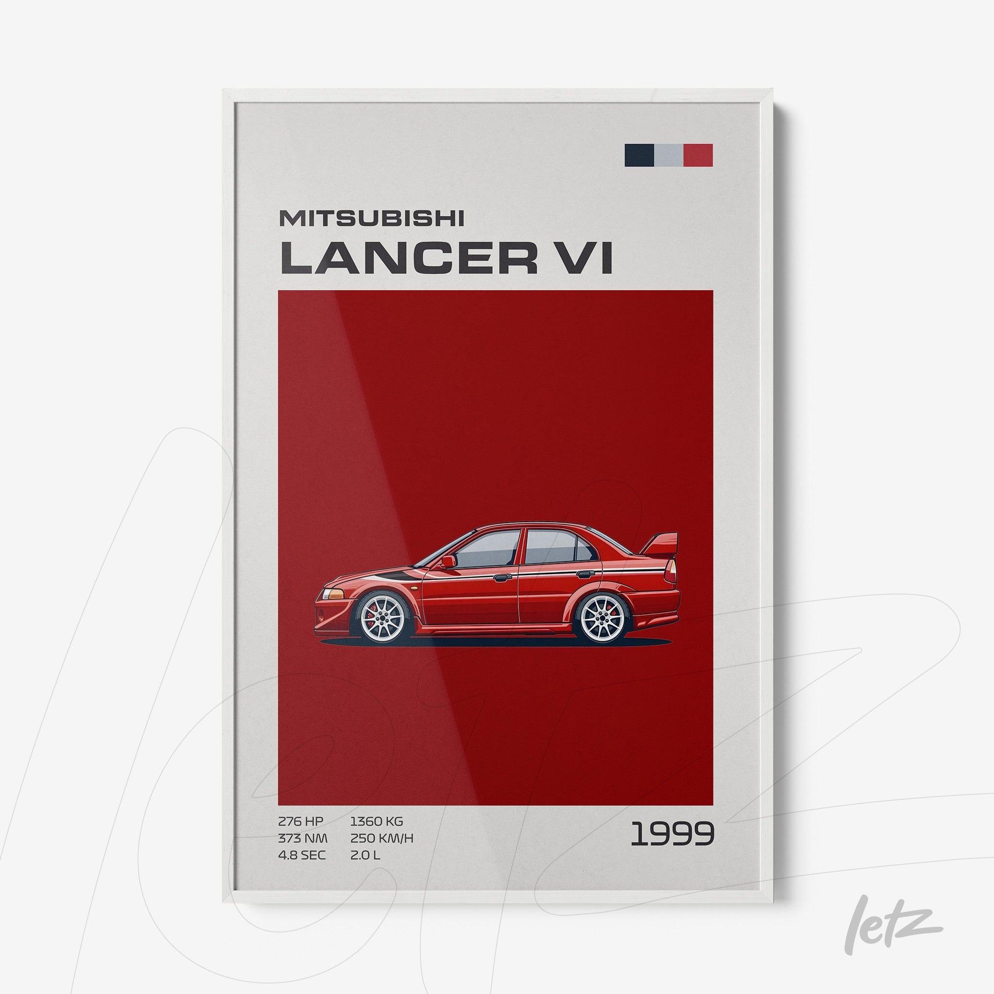 digital artwork of Mitsubishi Lancer VI car on red background with white frame