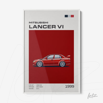 digital artwork of Mitsubishi Lancer VI car on red background with white frame