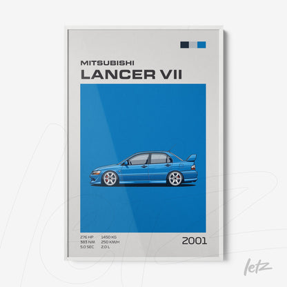 framed wall art featuring a digital illustration of the Mitsubishi Lancer VII on a vibrant blue background with informational text