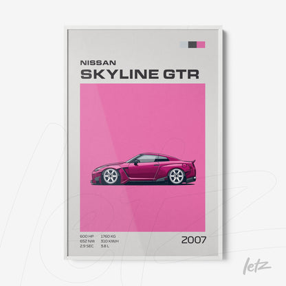 framed wall art featuring an illustration of Nissan Skyline GTR on a pink background with white frame