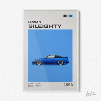 framed digital art of a nissan sileighty car on blue background with white frame