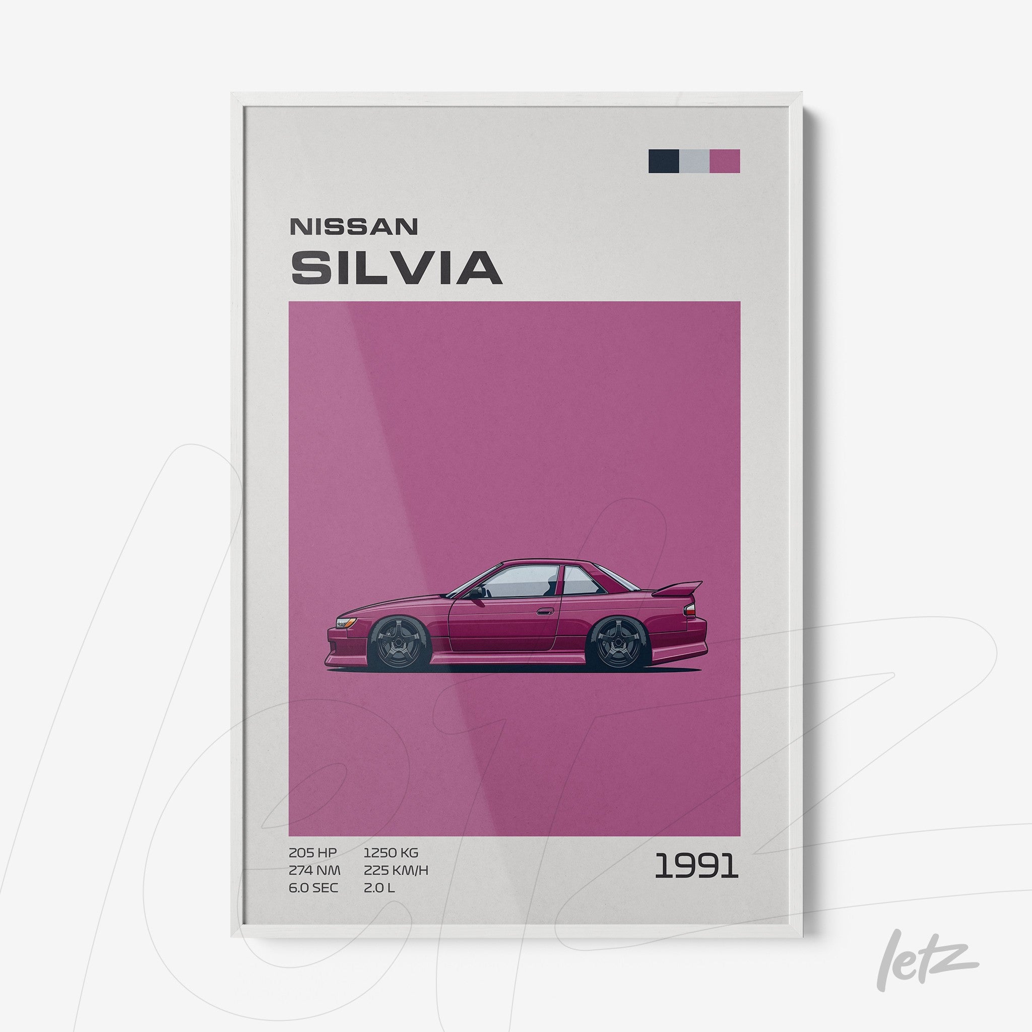 framed artwork featuring classic Nissan Silvia car illustration on vibrant pink background with white frame