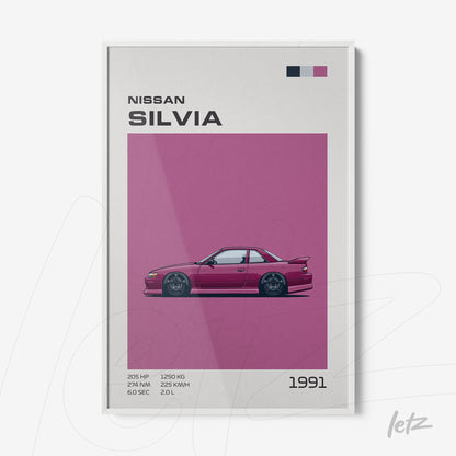 framed artwork featuring classic Nissan Silvia car illustration on vibrant pink background with white frame