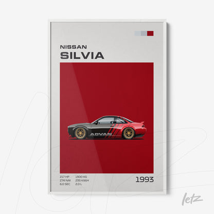 framed art of Nissan Silvia car on red background with graphic details