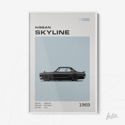 framed wall art featuring a 1969 Nissan Skyline illustration with a white frame