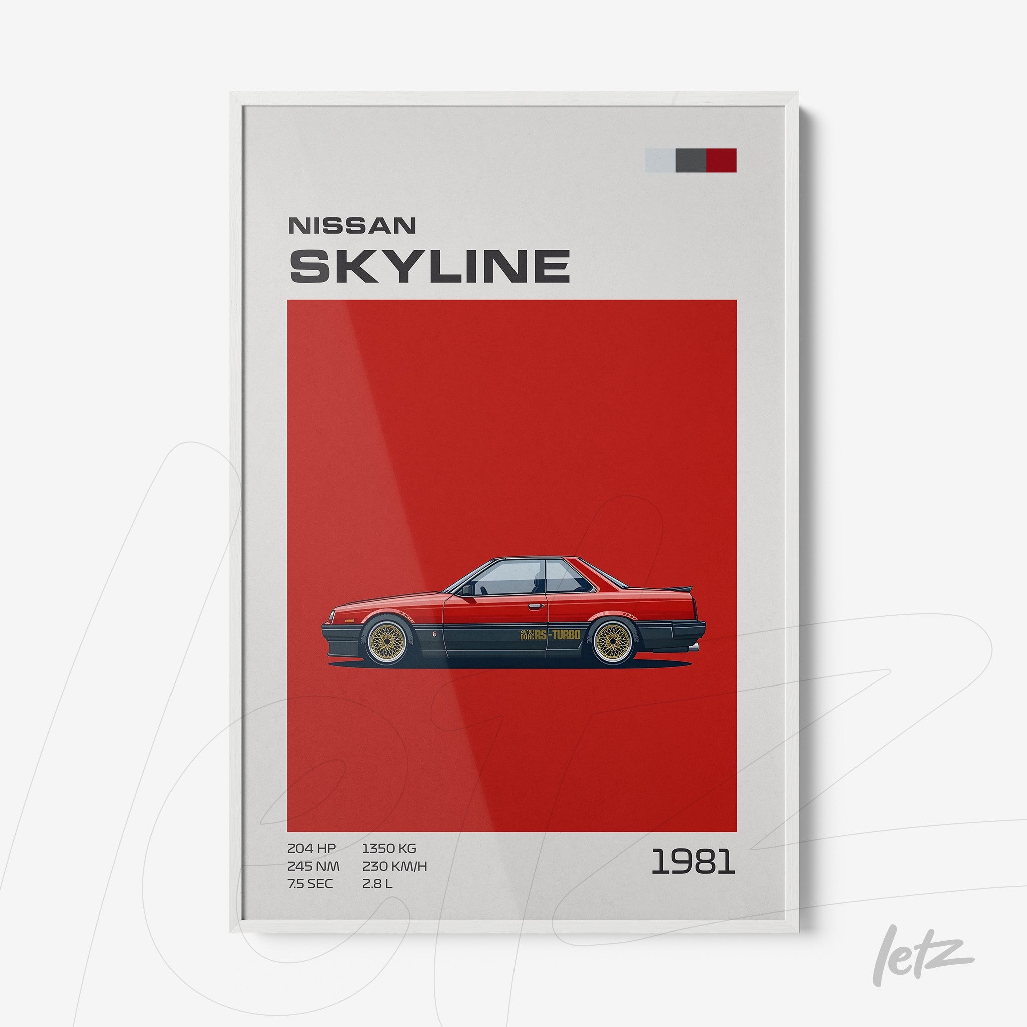 framed artwork featuring the Nissan Skyline car with a vibrant red background and informative text on the side