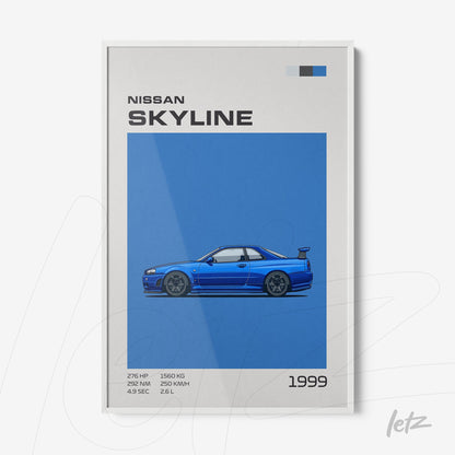 framed artwork featuring a 1999 Nissan Skyline illustration on blue background